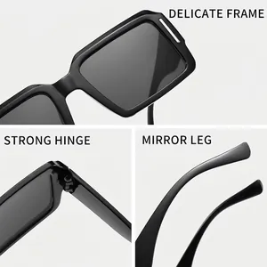 Schwarze quadratische Cyberpunk-Sonnenbrille mit feinem Rahmen und Metallscharnieren