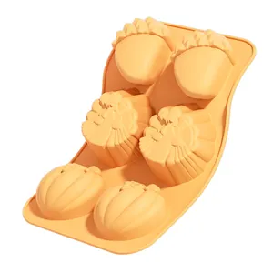 6-Cavity orange silicone Halloween cake mold with pumpkin, acorn and turkey shapes for DIY baking