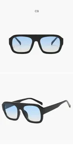 Detail view of square black frame sunglasses with blue gradient lenses from two angles.