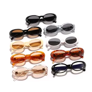 Fashionable retro oval sunglasses collection with various frame colors and tinted lenses
