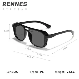 Classic black steampunk sunglasses with PC frame and AC lens showing dimensions diagram