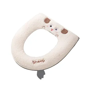 Plush thickened warm toilet seat cover with cute cartoon sheep embroidery for winter home