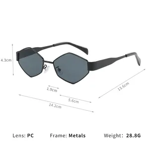 Lunettes de soleil polygonales en métal pour femmes avec détails de dimensions et verres noirs