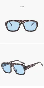 Front and side view of square aviator sunglasses with blue lenses and camo frame