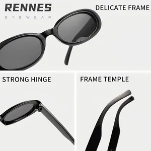 Premium vintage oval black sunglasses with delicate frame and strong hinge views.