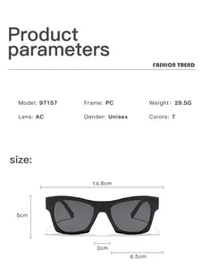 Product dimension sheet for retro square sunglasses with PC frame and AC lens