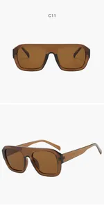 Detail view of stylish amber square frame sunglasses with a flat top aviator design