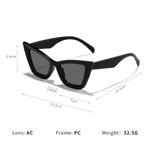 Lunettes de soleil chat noir à grand cadre avec dimensions et spécifications en PC et AC.