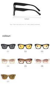 Detailed view of retro square sunglasses showing 14.5cm frame size and 7 color options