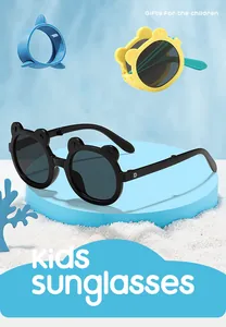 Detail view of foldable kids sunglasses with cute bear ears on blue display stand.