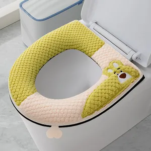 Housse de Siège de Toilette Universelle à Fermeture Éclair Tapis Coussin en Peluche Lavable Avec Broderie de Lapin Ours Dessin Animé Fond Imperméable PU