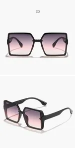 Detail views of oversized square sunglasses with purple-pink gradient lenses