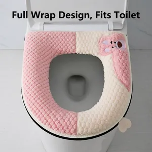 Housse de siège de toilette en peluche zippée avec broderie lapin rose et carreaux