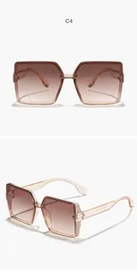 Front and side close-up views of oversized square sunglasses with translucent peach frames.