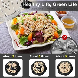Professional food-grade chicken shredder tool showing meat texture after 3, 6 and 9 turns