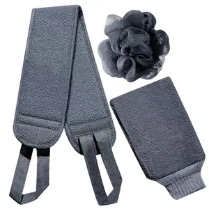 Men's 3-piece exfoliating bath set with back scrubber, glove, and shower pouf