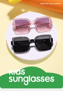 Detail view of kids square sunglasses with stylish glitter frames in pink and black.