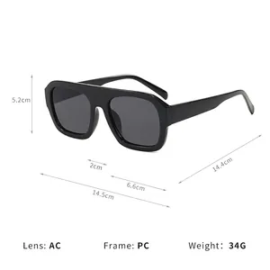 Modern black square aviator sunglasses with dimension specs and AC lenses