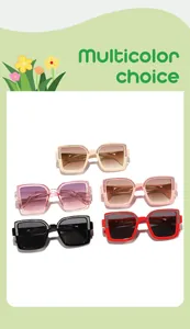 Detail view of children's square frame sunglasses featuring glitter borders in five colors