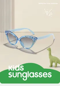 Glittery blue cat-eye sunglasses for kids featuring rhinestone details and toy prop