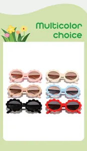 Detailed view of six children's flower-shaped frame sunglasses in assorted colors