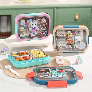 Set of cartoon partitioned stainless steel lunch boxes for students and office workers