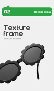 Close-up detail of children's black flower frame sunglasses with luster texture