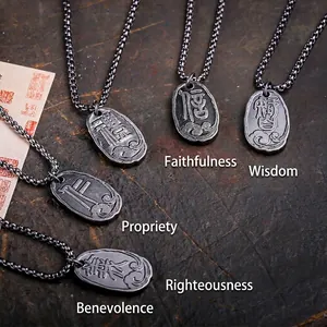 Collier Style Chinois en Acier Titane Vintage pour Hommes Femmes Pendentif Confucéen Rétro Xiangyun Bijoux Nuage de Bon Augure
