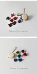 Multiple colors of foldable children's sunglasses displayed with a round storage case