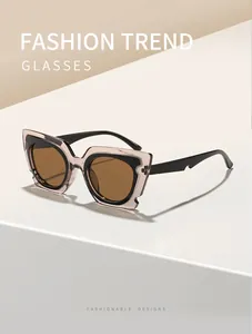Detail of oversized cat-eye sunglasses with dual-tone transparent and black frame