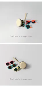 Close-up of colorful foldable children's sunglasses with a round portable carrying case