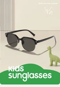 Detailed view of children's semi-rimless square sunglasses in black with toy dinosaur