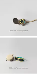 Foldable yellow and teal children's sunglasses with a compact circular storage case