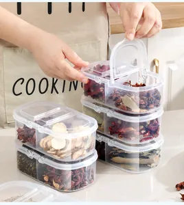 Detailed view of stackable transparent food-grade spice organizer boxes with portable handle
