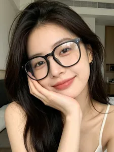 Elegant Asian model wearing stylish retro black square frame anti-blue light glasses
