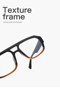 Detailed view of square double-bridge glasses frame with blue-light blocking lenses