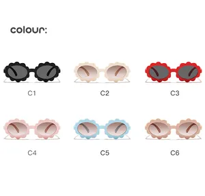 Detail view showing cute flower-shaped kids' sunglasses in six stylish assorted colors