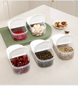 Transparent plastic kitchen spice storage containers with white flip lids for food sealing