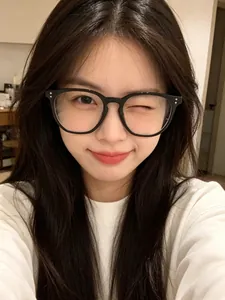 Detailed close-up shot of an Asian model wearing stylish retro black-framed glasses