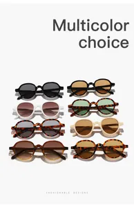 Detailed display of vintage round sunglasses in multiple color options and lens tints