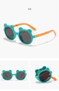 Multiple views of foldable teal and orange bear-ear cartoon sunglasses for kids