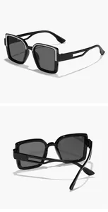 Detail views of black square children's sunglasses with silver glitter frame accents.