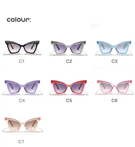 Color options for children's glittery cat-eye sunglasses with rhinestone accents.