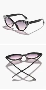 Detail shots of cat-eye kids' sunglasses with sparkling black frame and purple lenses.