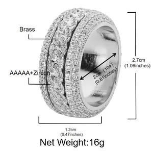 Dimensions détaillées de la bague cubaine rotative avec zircone AAAAA en laiton