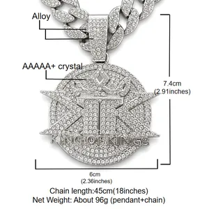 Detailed size and material specs for iced out hip hop KING OF KINGS pendant necklace