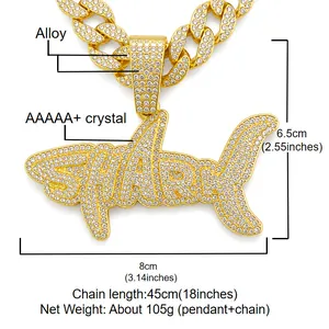 Hip hop style iced out alloy shark pendant necklace showing detailed dimensions.