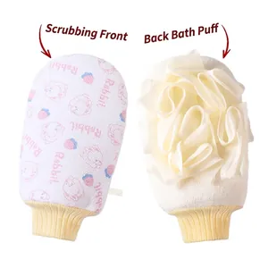 Dual-sided cartoon exfoliating bath mitt with soft mesh sponge and cute rabbit print