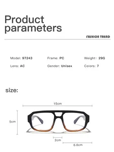 Size and specs for unisex blue light blocking glasses with double bridge PC frame.