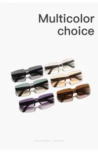 Selection of six fashionable retro rectangular rimless sunglasses in multiple colors.